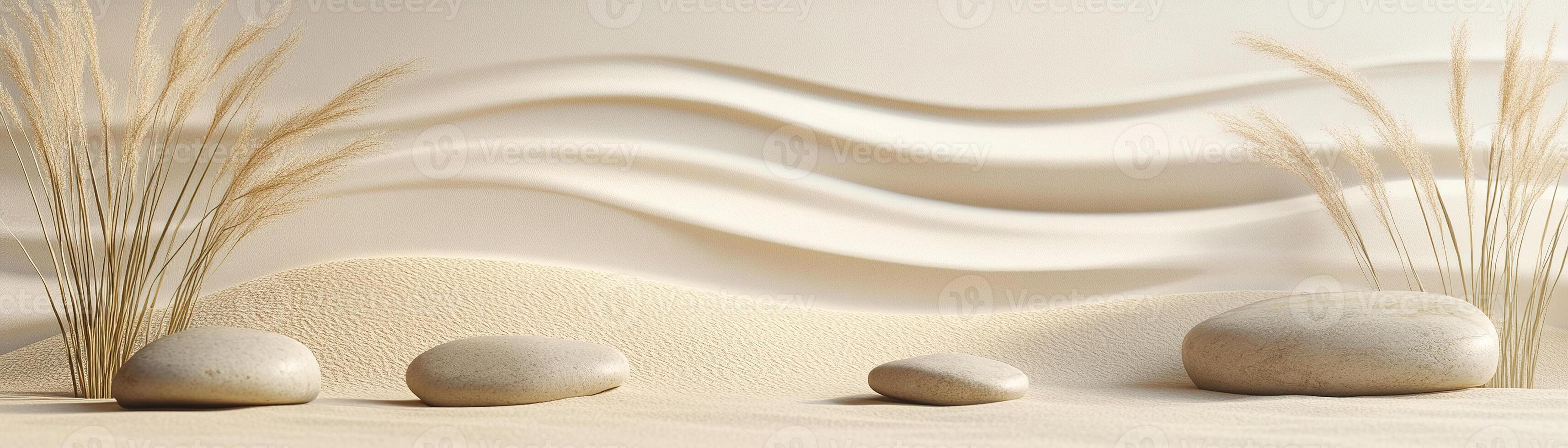 Soft windblown sand creates calming patterns in beige, dotted with scattered grasses and smooth stones, set against a clean neutral background perfect for text overlay photo