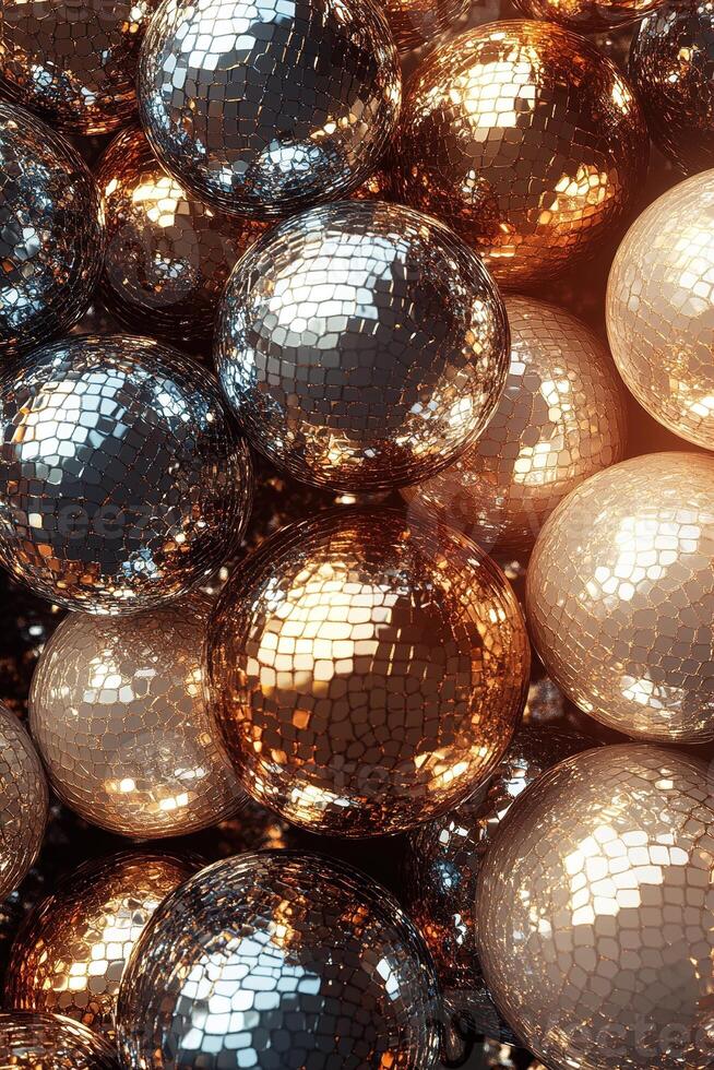 An engaging abstract backdrop showcases a lively pattern of metallic disco balls in silver, gold, and rose gold, set against a dark background, perfect for text placement photo
