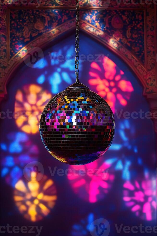 A shiny silver disco ball hangs in the center, casting vibrant pink, purple, and blue light beams against a dark gradient backdrop. Ideal for parties or retro-themed events photo