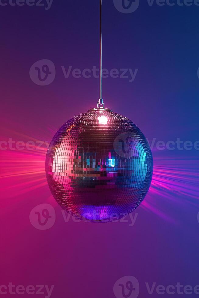 A shiny silver disco ball hangs in the center, radiating colorful light beams in pink, purple, and blue against a dark gradient backdrop. Perfect for a party atmosphere photo