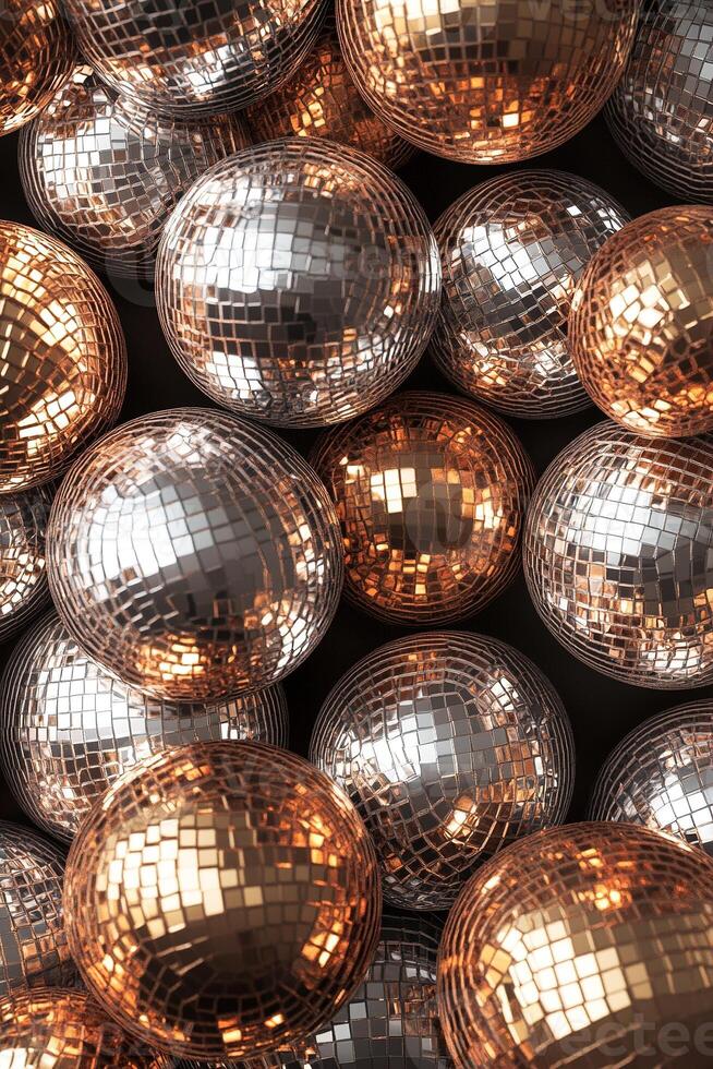 This design features a pattern of metallic disco balls in silver, gold, and rose gold against a dark background photo