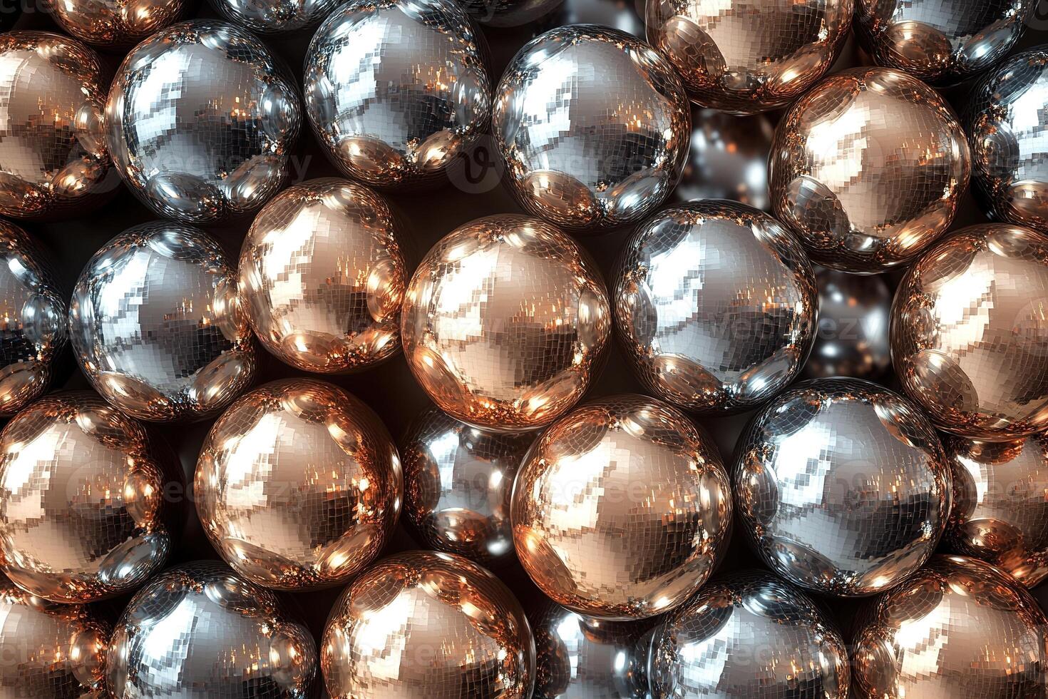 An abstract design features patterns of metallic silver, gold, and rose gold disco balls. The clean dark backdrop offers ample space for text, ideal for contemporary projects photo