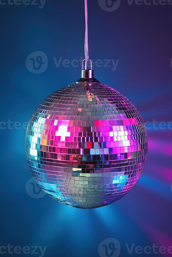 A shiny silver disco ball hangs in the center, reflecting colorful light beams in pink, purple, and blue hues against a dark gradient background. Perfect for capturing a lively atmosphere photo