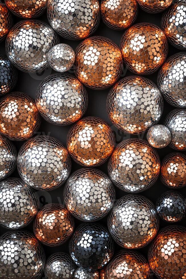 Abstract design showcases a pattern of disco ball shapes in metallic silver, gold, and rose gold against a dark background, offering spacious areas for text overlay and modern aesthetics photo