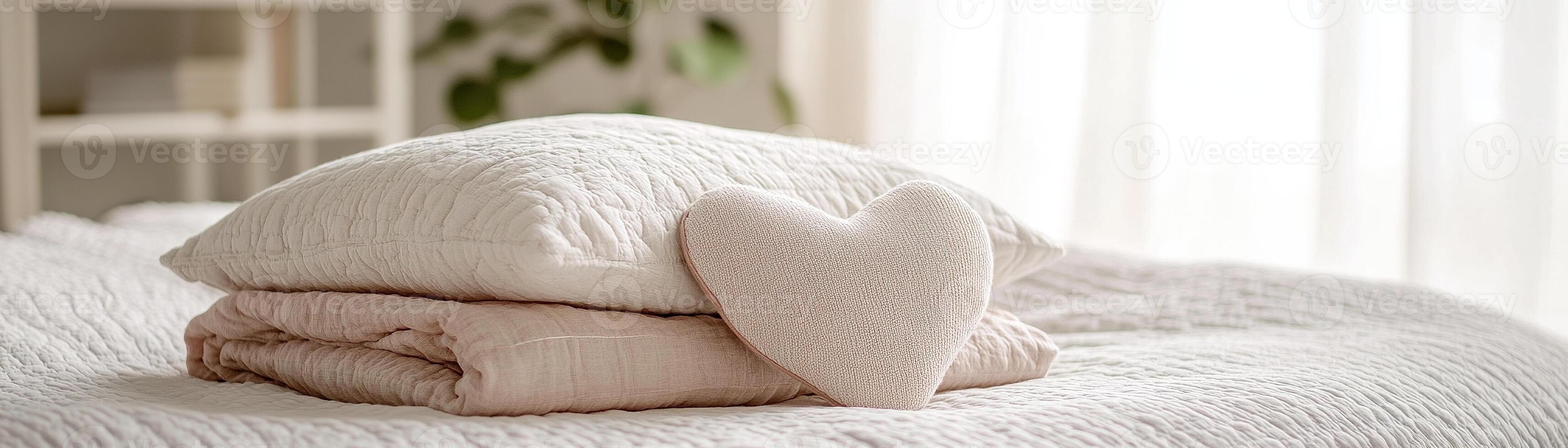 A serene bedroom features a neatly made bed with stacked pillows in soft hues. A heart-shaped cushion adds a touch of warmth, enhancing the peaceful atmosphere photo
