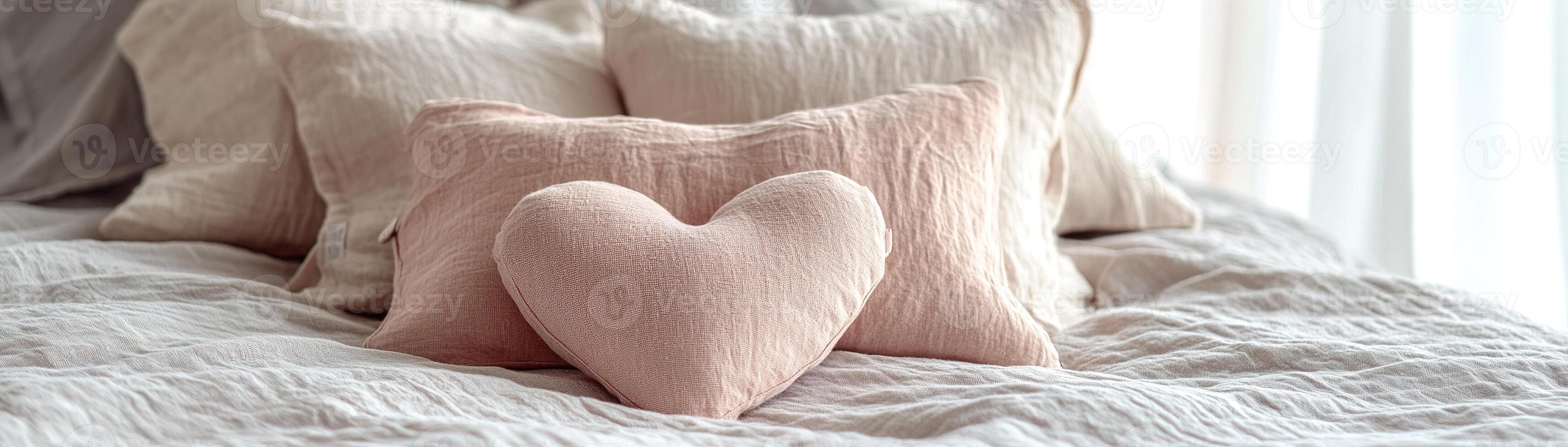 A tranquil bedroom features a light quilted bedspread adorned with soft pillows, including a heart-shaped cushion, creating a serene and inviting atmosphere photo