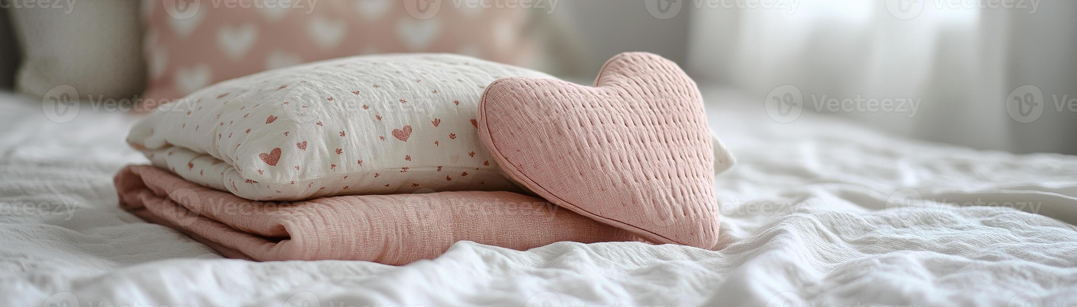 A soft, inviting bedding arrangement showcases a heart-shaped cushion atop a delicate patterned quilt in a softly lit bedroom. The warm colors create a tranquil atmosphere photo