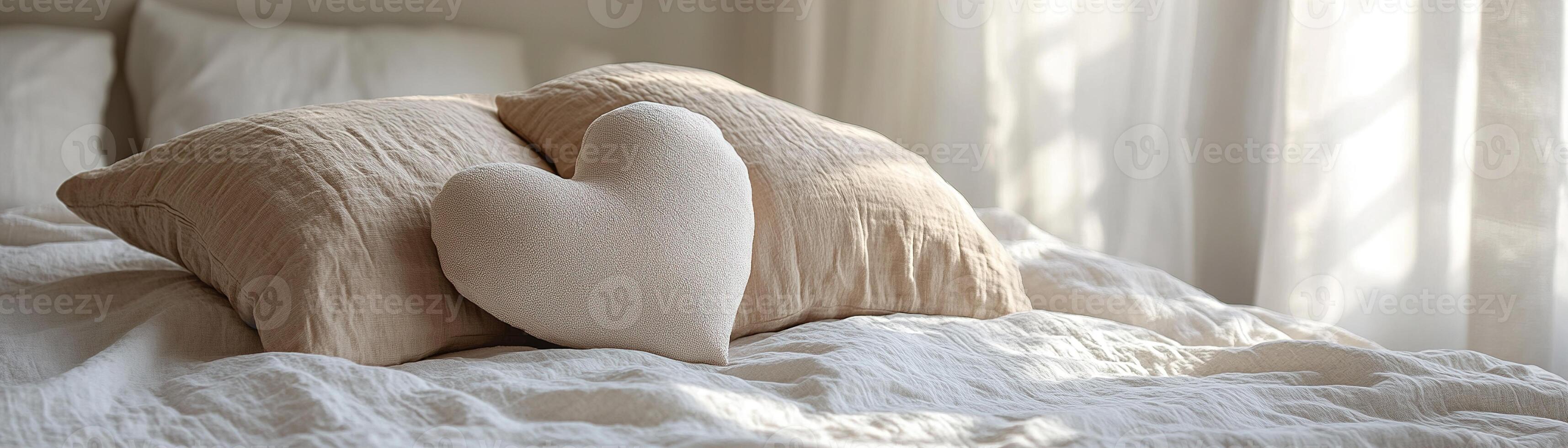 A heart-shaped pillow in a neutral tone contrasts gently with the soft, textured bedding in a well-lit bedroom. Sunlight filters through sheer curtains, creating a cozy atmosphere photo
