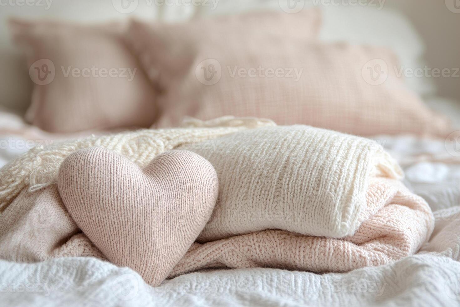 A beautifully arranged bed features soft blankets and pillows in neutral tones, with a plush heart-shaped decoration adding a cozy touch. The atmosphere is calm and inviting photo