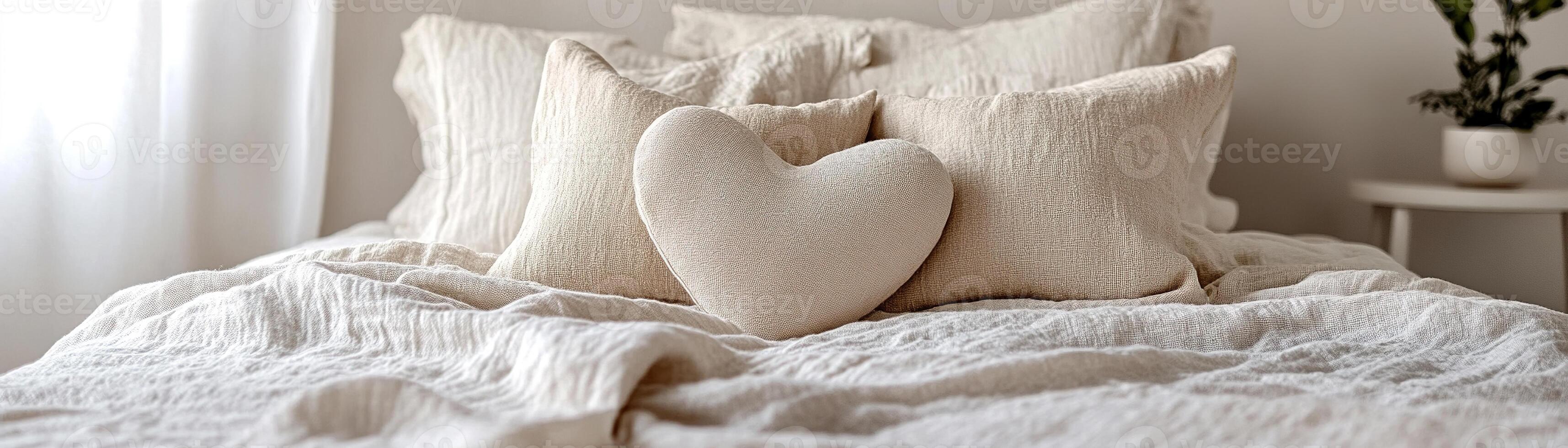 A cozy bedroom features a heart-shaped pillow surrounded by soft pillows on a neatly made bed. The neutral color palette creates a calming and inviting atmosphere photo