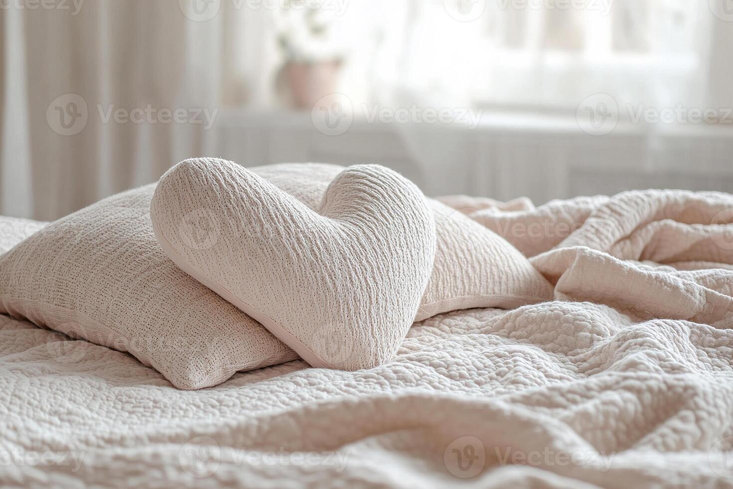 A heart-shaped pillow placed beside a standard pillow on a soft, textured bedspread creates a warm and inviting atmosphere in a tranquil bedroom photo