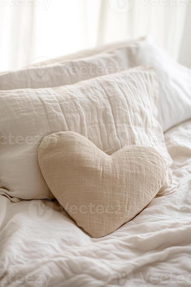 A heart-shaped pillow in natural fabric is positioned on a neatly made bed, accompanied by large, fluffy pillows, all basking in soft daylight pouring through a window photo