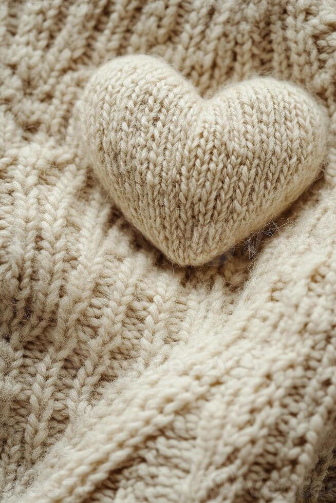 This cozy Valentine's background features a soft, knitted texture in light beige tones and a small heart accent, providing large negative space for personalized text overlays photo