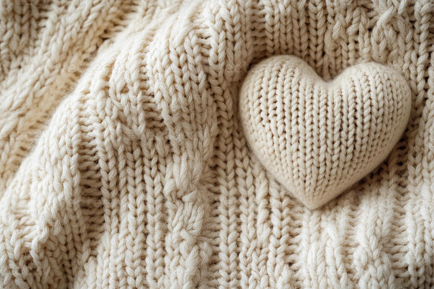 Soft knitted texture in light beige creates a warm, inviting backdrop for Valentine's Day. A small heart accent adds a charming touch to the large negative space, perfect for text overlay photo