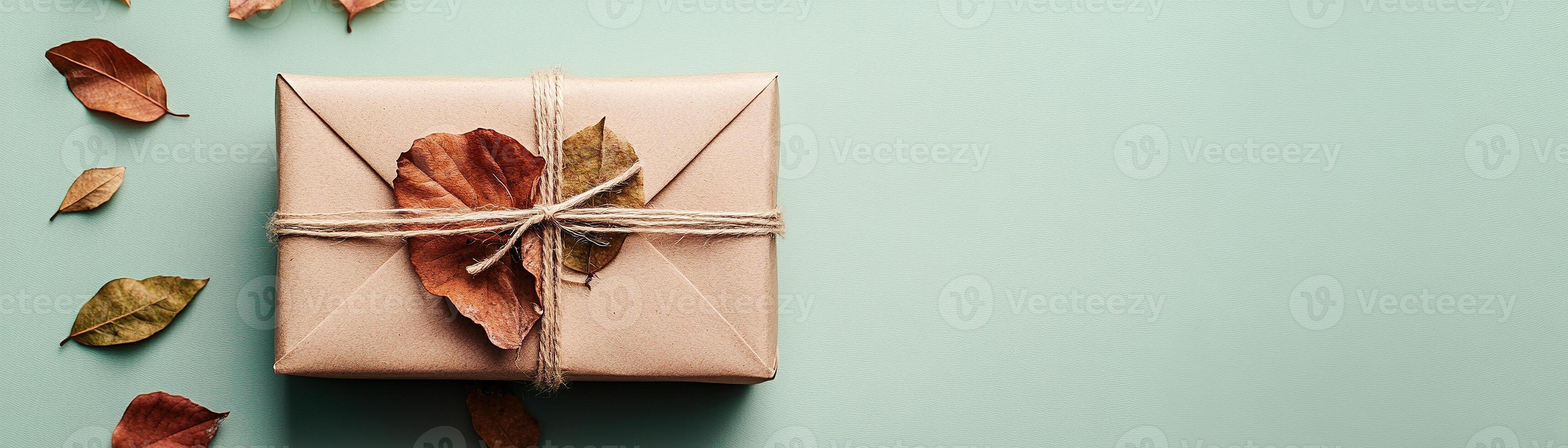 A beautifully crafted gift box made from eco-friendly recycled paper features dried autumn leaves and is neatly tied with a cotton string. The soft pastel background enhances its natural charm photo