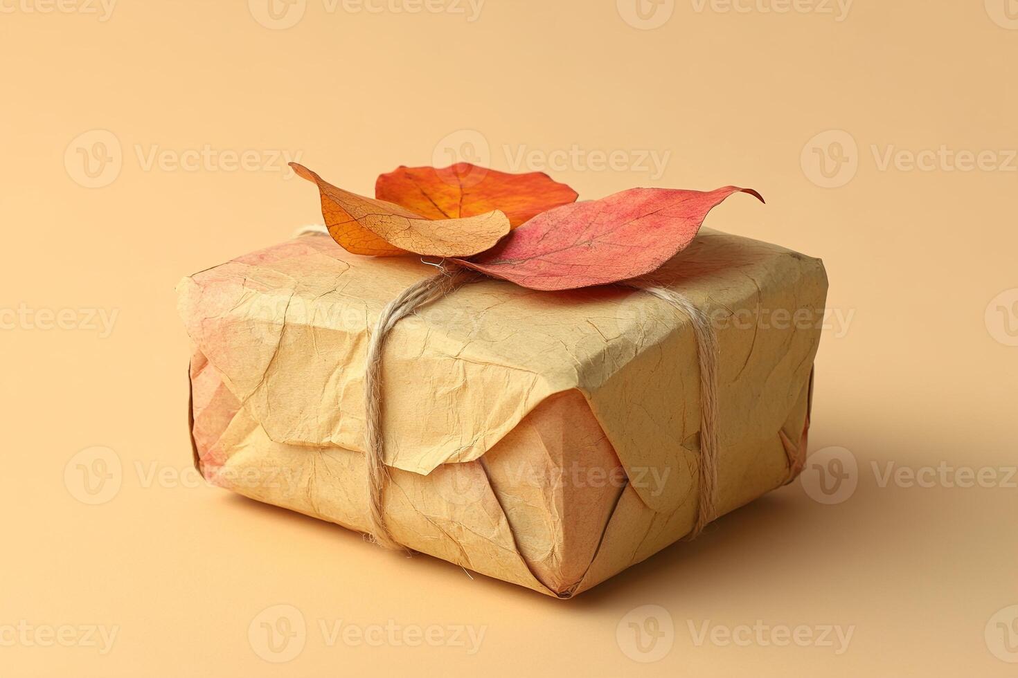 A handcrafted gift box made from recycled paper features dried autumn leaves and is tied with cotton string. It rests on a soft pastel backdrop, perfect for eco-friendly gifting photo