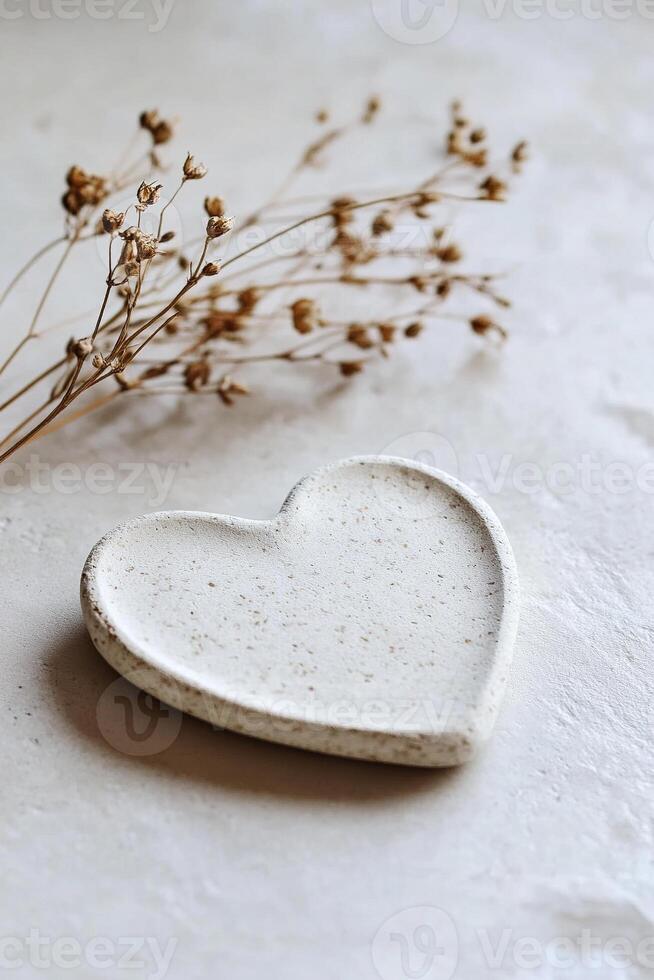 A heart-shaped plate made from light stone is elegantly set on a neutral backdrop. A delicate dried flower accentuates the calming atmosphere, perfect for stunning text overlays photo