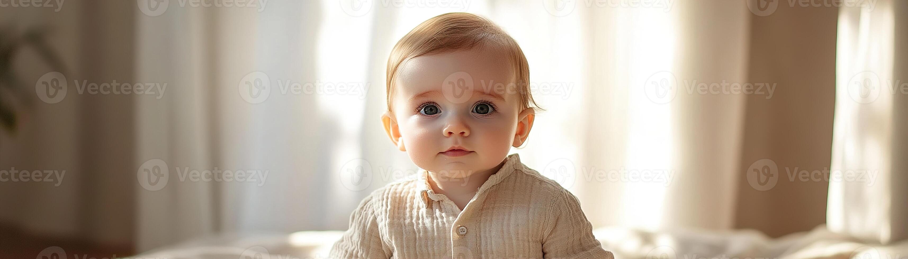 A sweet baby in a linen shirt and matching bloomers sits calmly on a soft pastel background, bathed in gentle natural light, creating a serene atmosphere perfect for text overlay photo