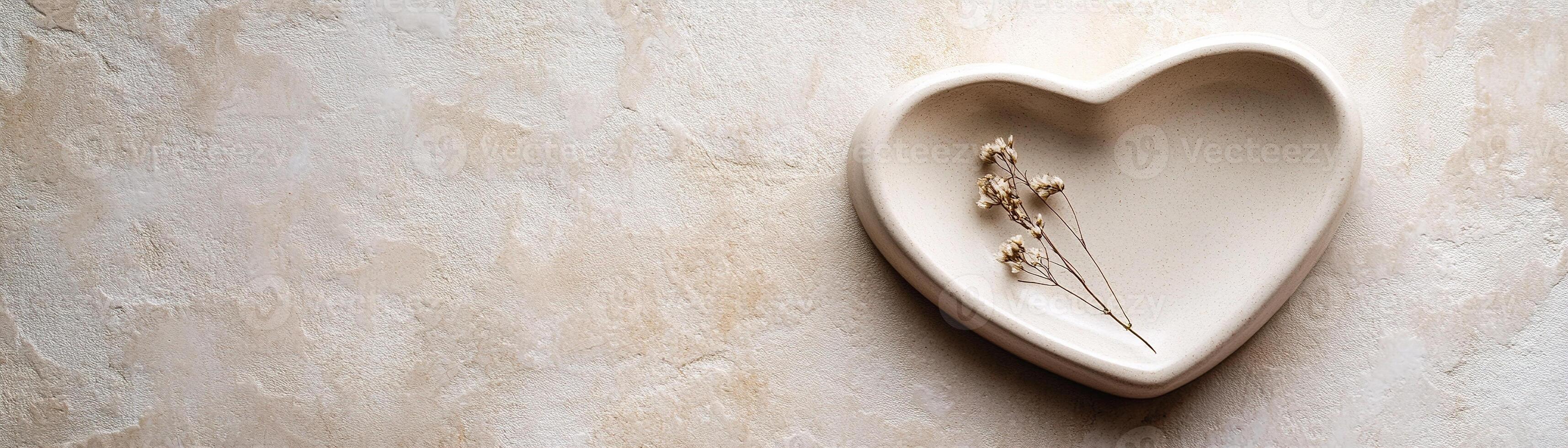 A heart-shaped plate crafted from light stone showcases a small dried flower, resting gracefully on a smooth neutral surface. This tranquil setup offers ample space for personalized text overlays photo