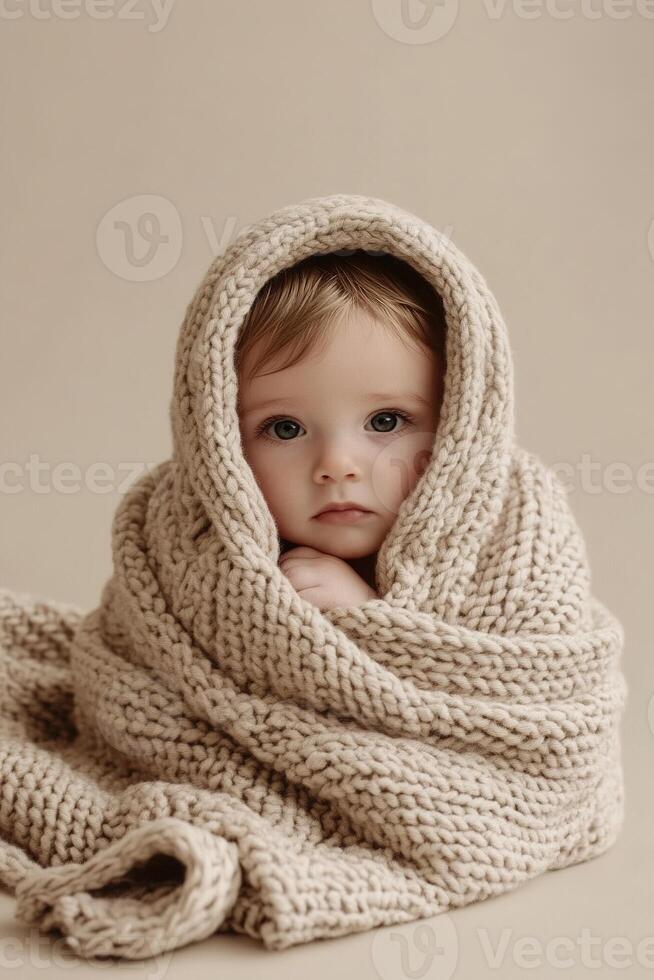 A peaceful baby gently wrapped in a snug knit blanket rests on a smooth beige surface, exuding warmth and tranquility in a serene setting perfect for capturing precious moments photo