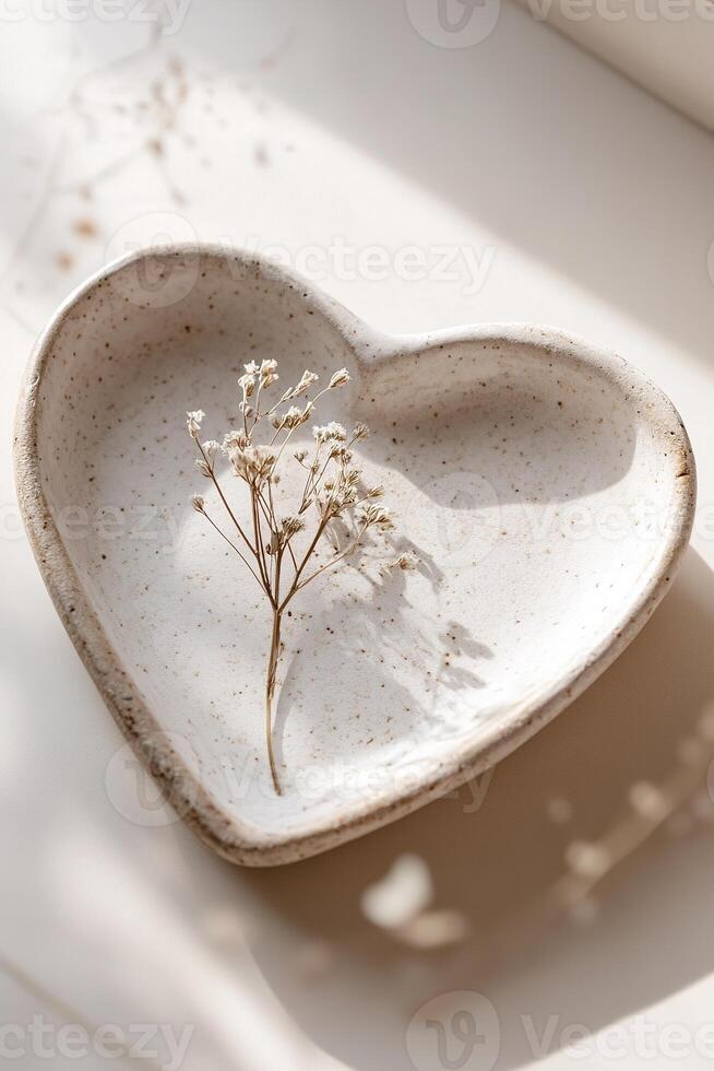 Heart-shaped plate crafted from light stone rests on a neutral surface, showcasing a delicate dried flower accent. The soothing ambiance invites creativity for text overlay photo