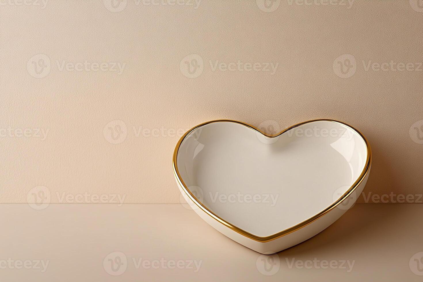 A refined heart-shaped plate in matte white ceramic rests on a clean beige surface, featuring a delicate gold rim. Ample space allows for text overlay or elegant presentation photo