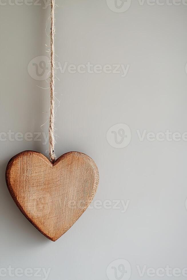 A wooden heart ornament hangs gracefully against a neutral light backdrop. This modern Nordic-style setting offers a stylish and minimalist aesthetic, perfect for text overlay photo