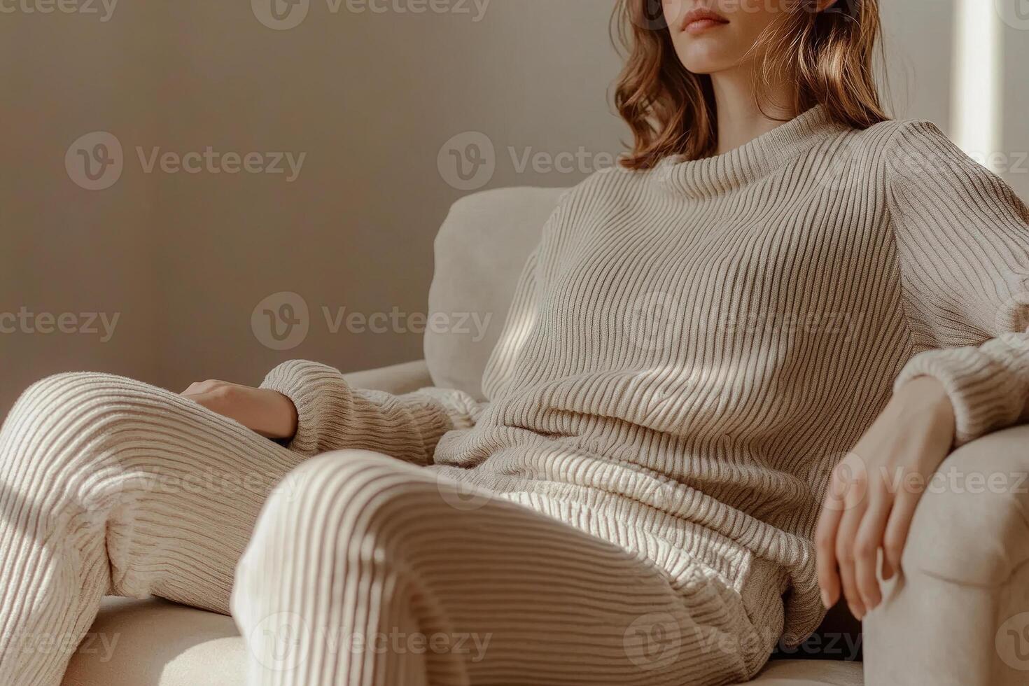 A woman sits comfortably on a cream-colored sofa, wearing a soft, textured knit outfit. Sunlight pours into the room, creating a warm and inviting atmosphere photo