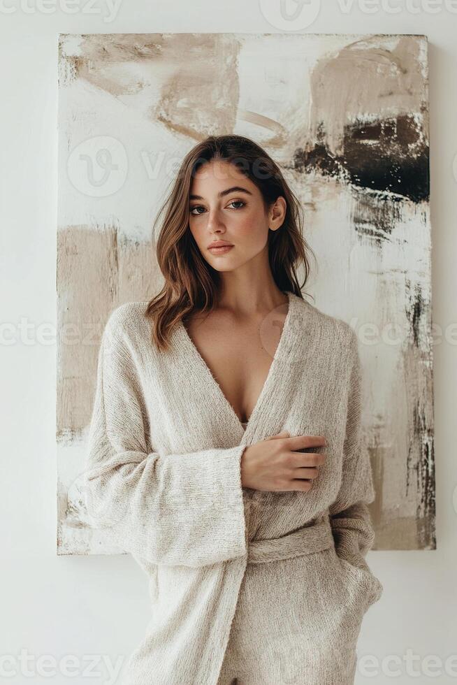 A woman stands confidently in a stylish outfit, set against a backdrop of abstract art. The warm tones and textures create a serene atmosphere, reflecting contemporary aesthetics photo