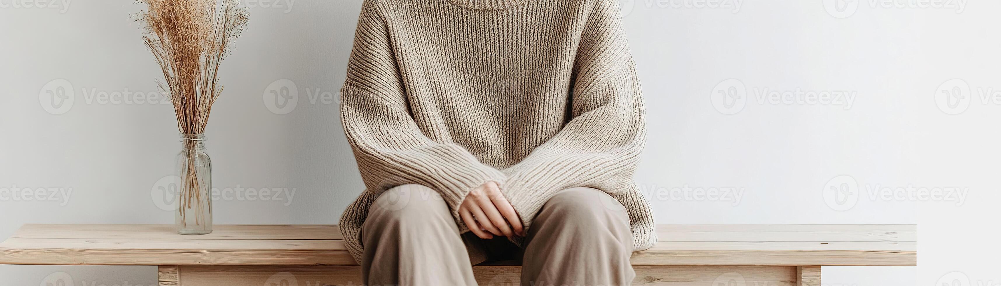 A person dressed in a soft, oversized sweater sits quietly on a wooden bench. The background features a simple vase with dried grass, enhancing the calming aesthetic of the space photo