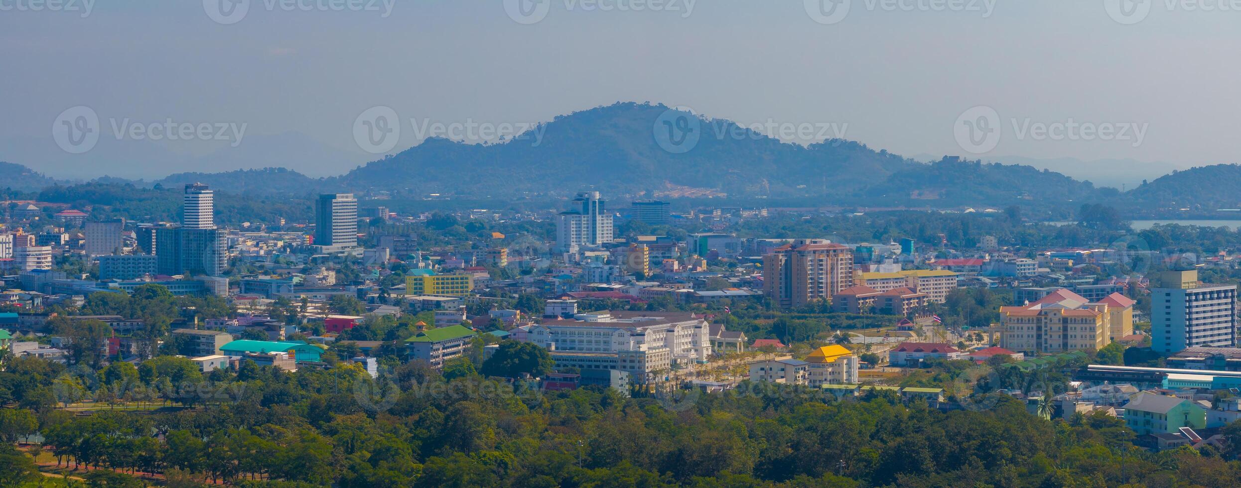 Aerial view of Phuket, Thailand, featuring modern and traditional architecture, colorful rooftops, dense greenery, and scenic rolling hills in the background. photo