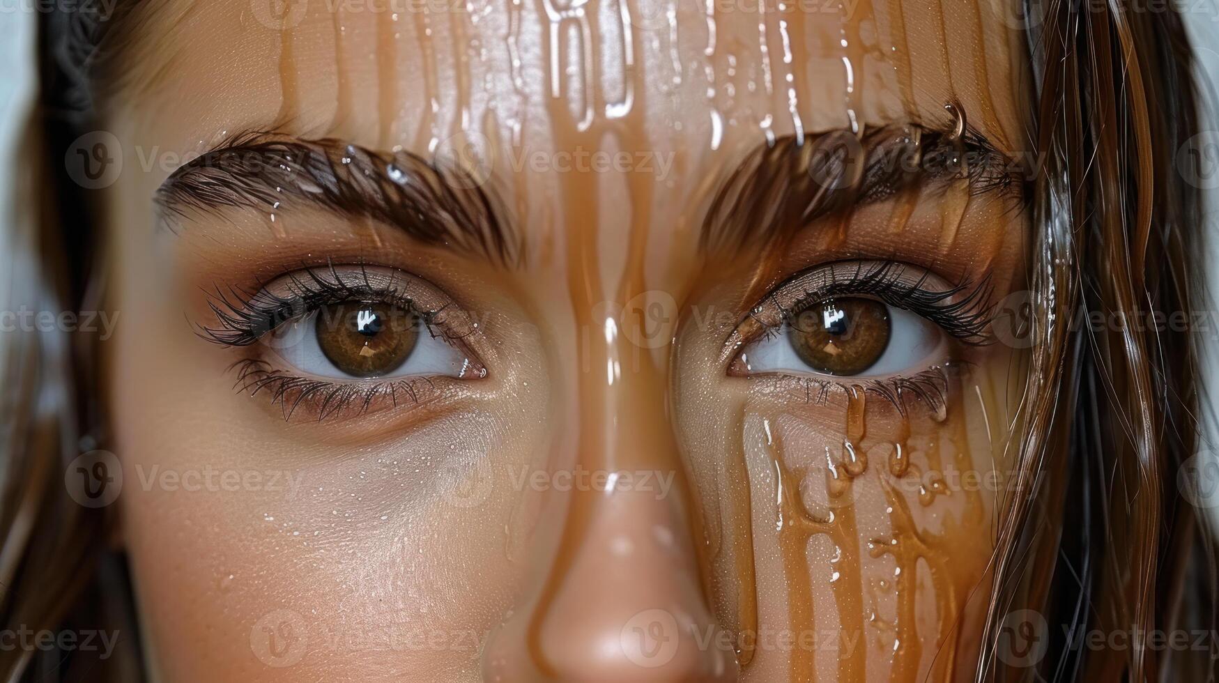 Womans face covered in honey, dripping down her forehead photo