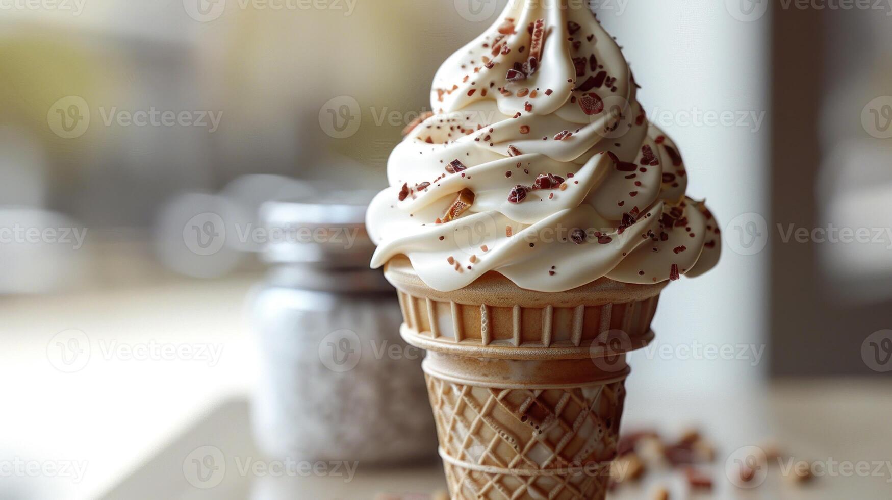 A close-up of a soft serve ice cream cone with chocolate sprinkles photo