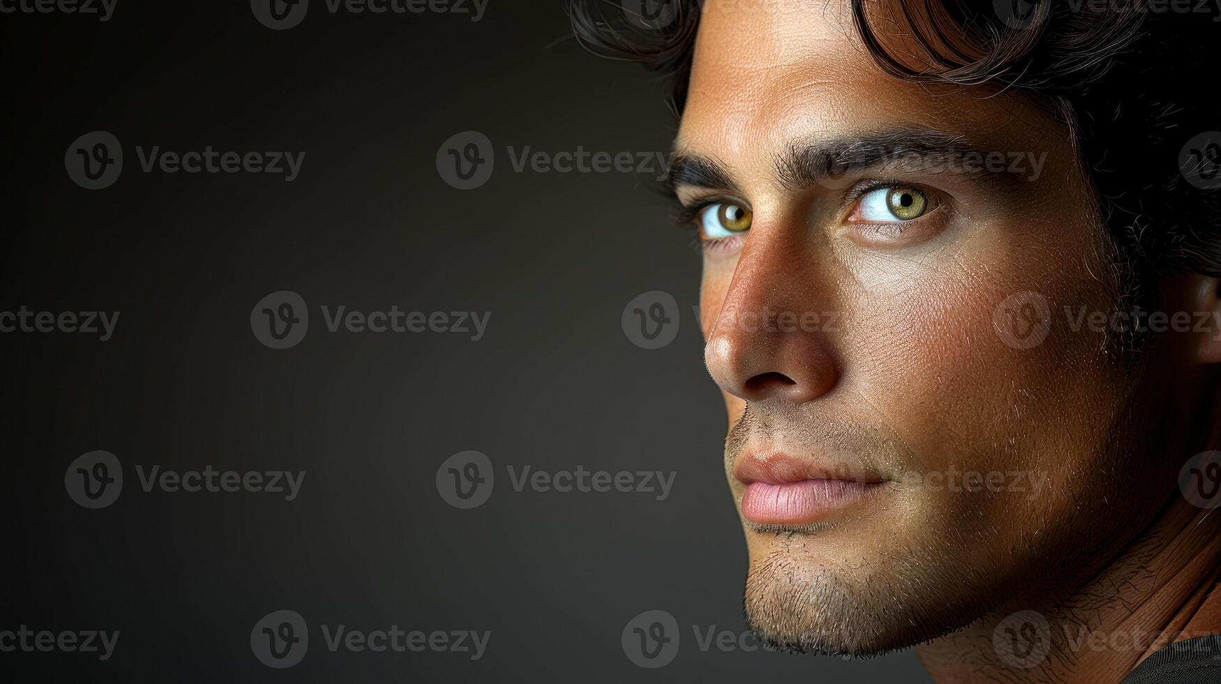A close-up portrait of a mans face, showcasing his captivating green eyes photo