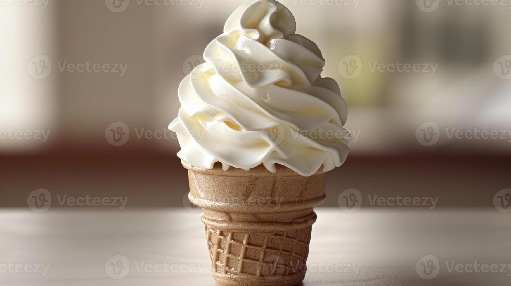 Close-up of soft serve ice cream cone with swirls in waffle cone photo