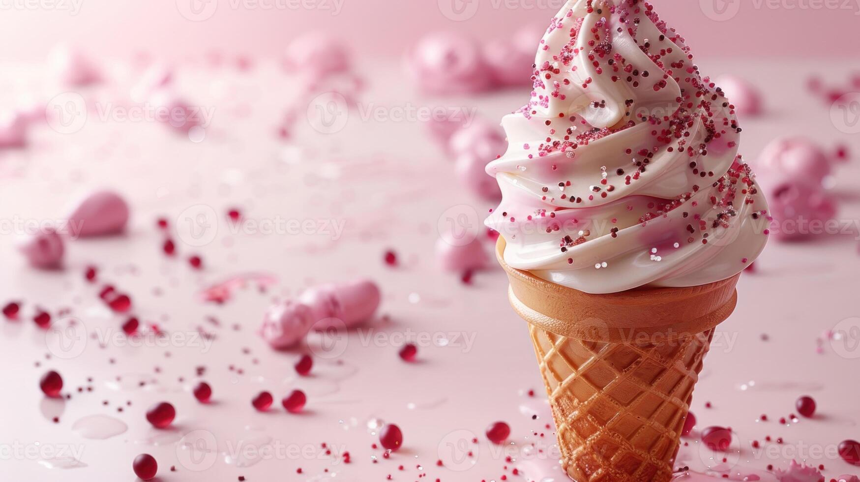A soft serve ice cream cone with pink sprinkles, sitting on a pink surface photo