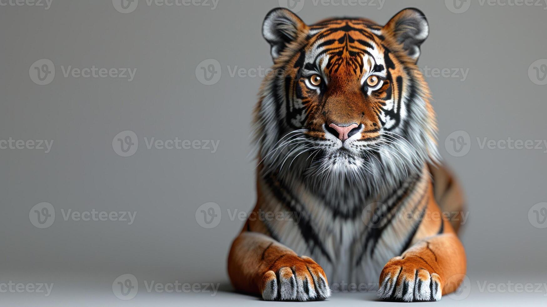 A tiger lies with its front paws extended in a studio setting photo