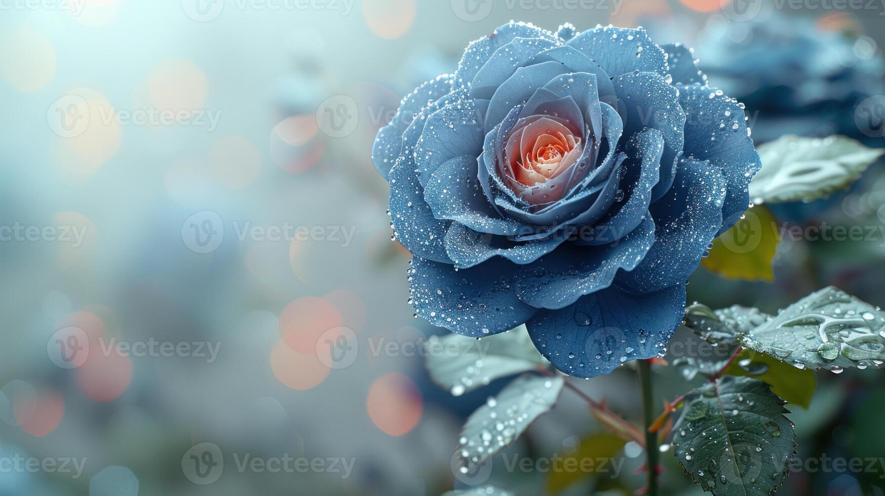 Blue rose with raindrops blooms in soft summer light photo