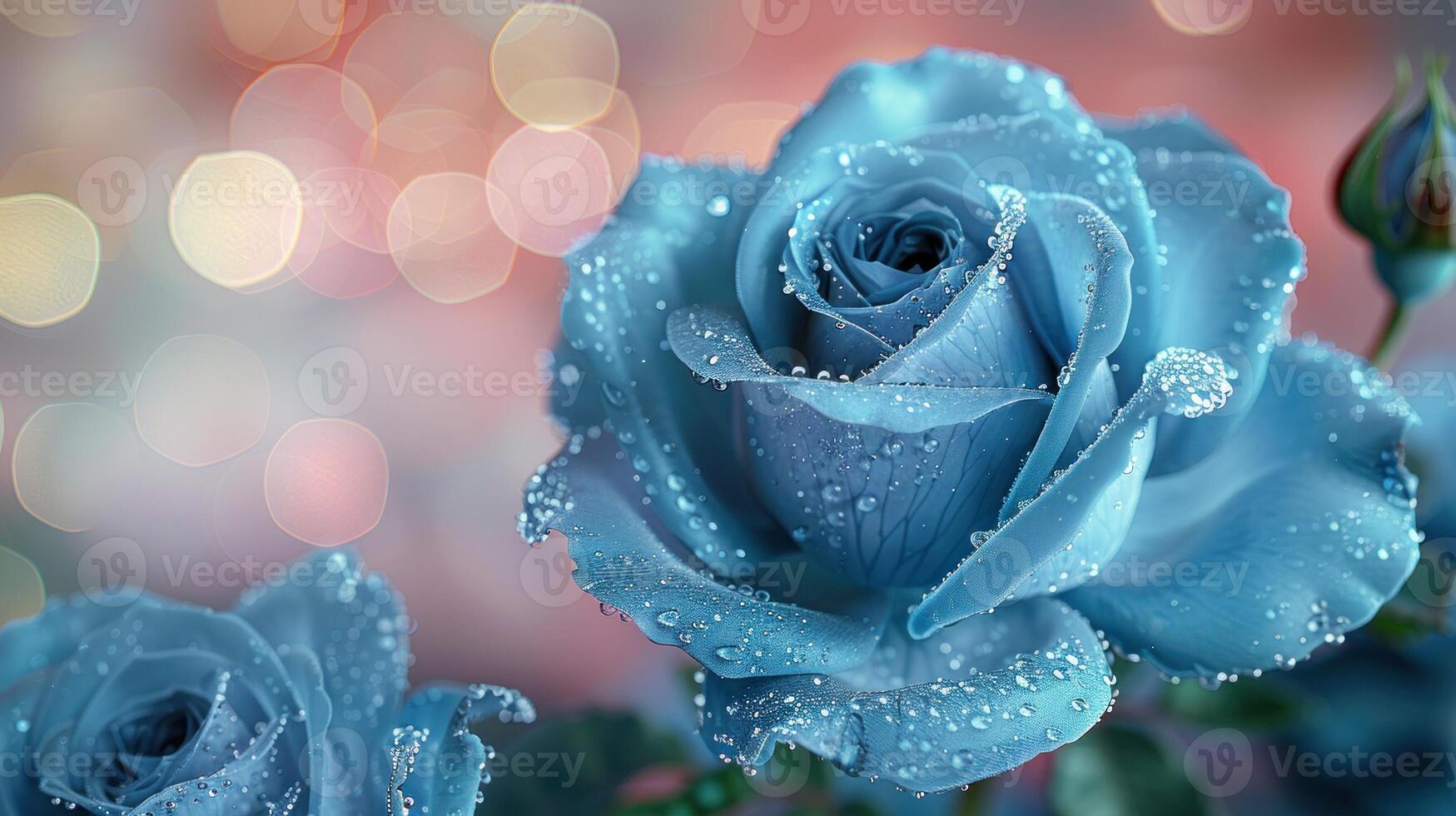 A single blue rose, glistening with dew, stands out against a soft, blurred background photo