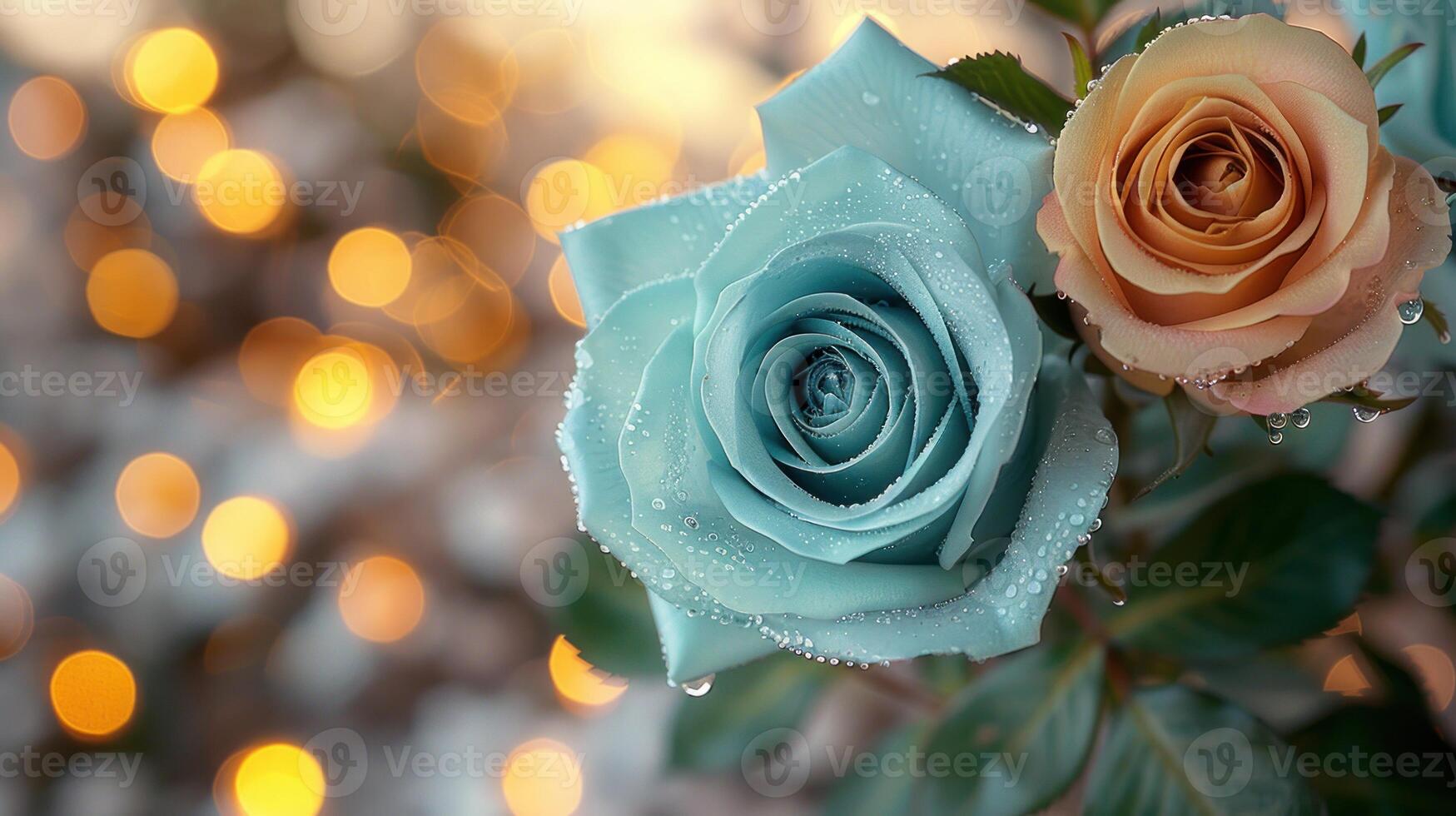 Two roses, one blue and one peach, with dew drops, against a blurred background of lights photo