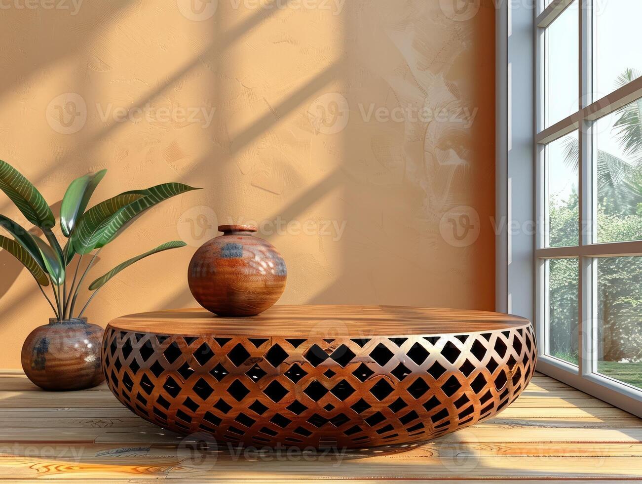 Wood coffee table with lattice design next to window with natural light photo