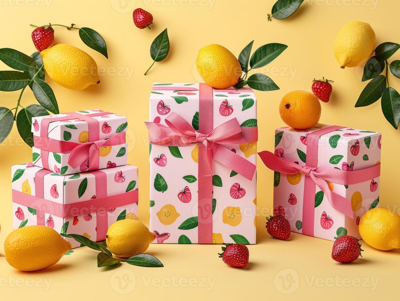 Three gift boxes wrapped in lemon and strawberry themed paper photo