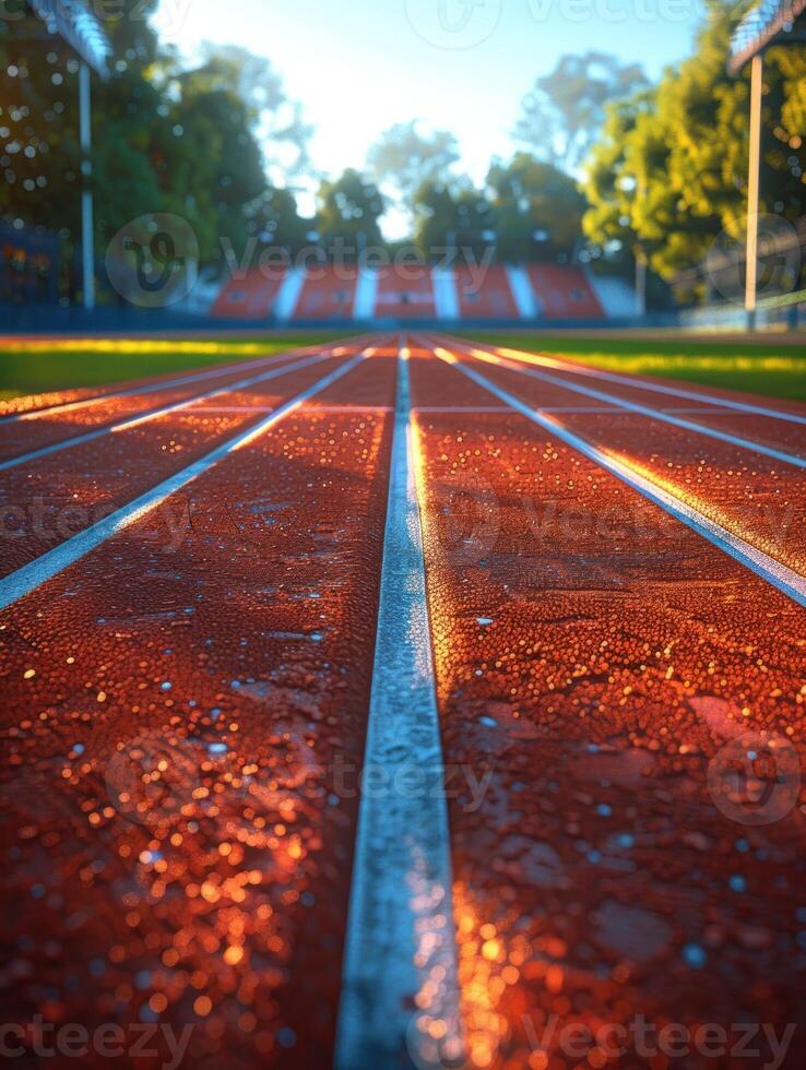 A close-up view of a running track on a bright morning photo