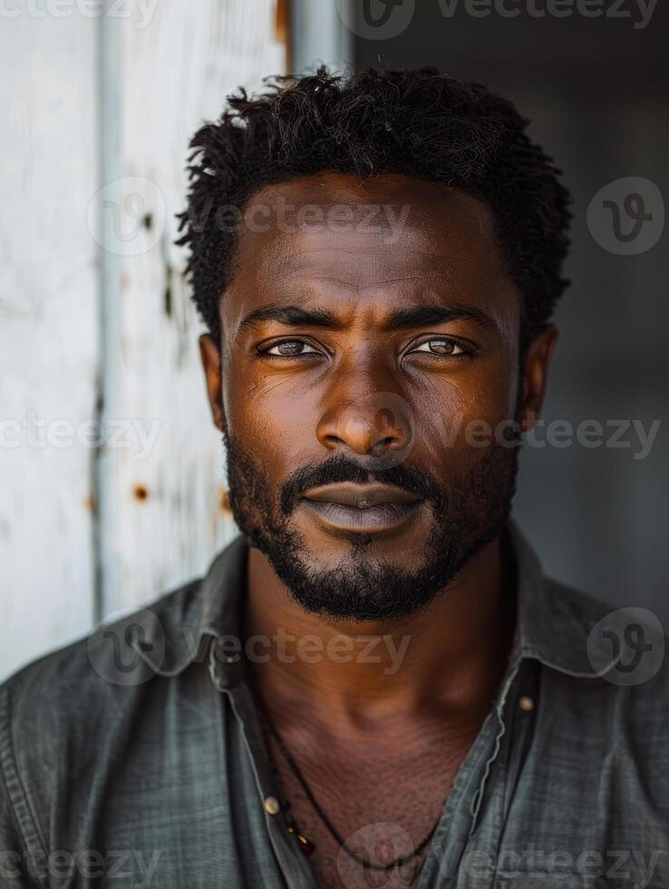 A close-up portrait of a man with a serious expression photo