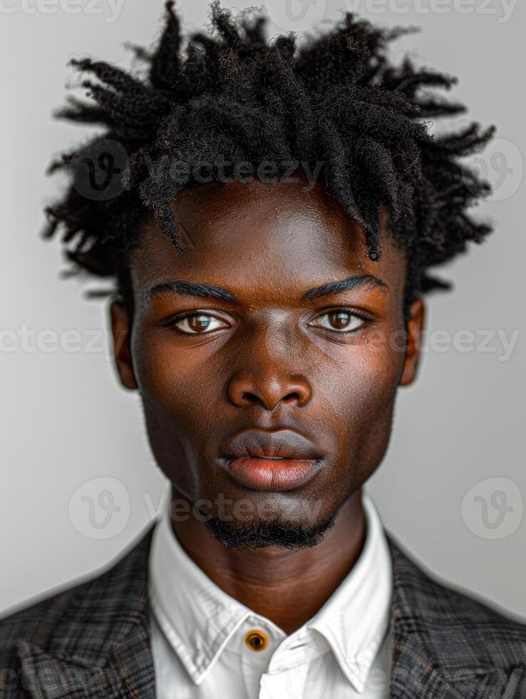 A close-up portrait of a young man with dreadlocks wearing a suit photo