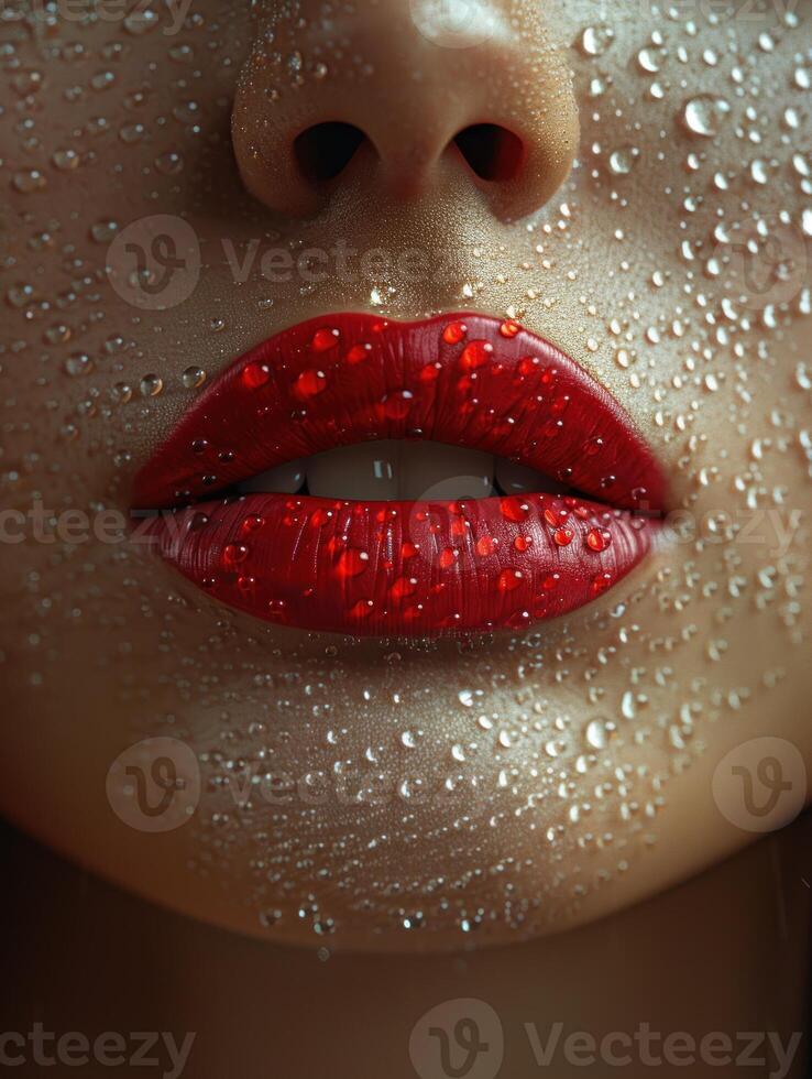 Close-up of red lips with sparkling water droplets photo