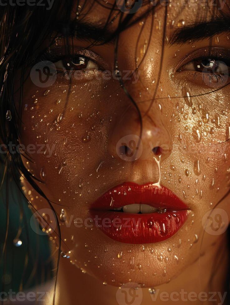 A womans face, covered in water droplets, with red lipstick photo