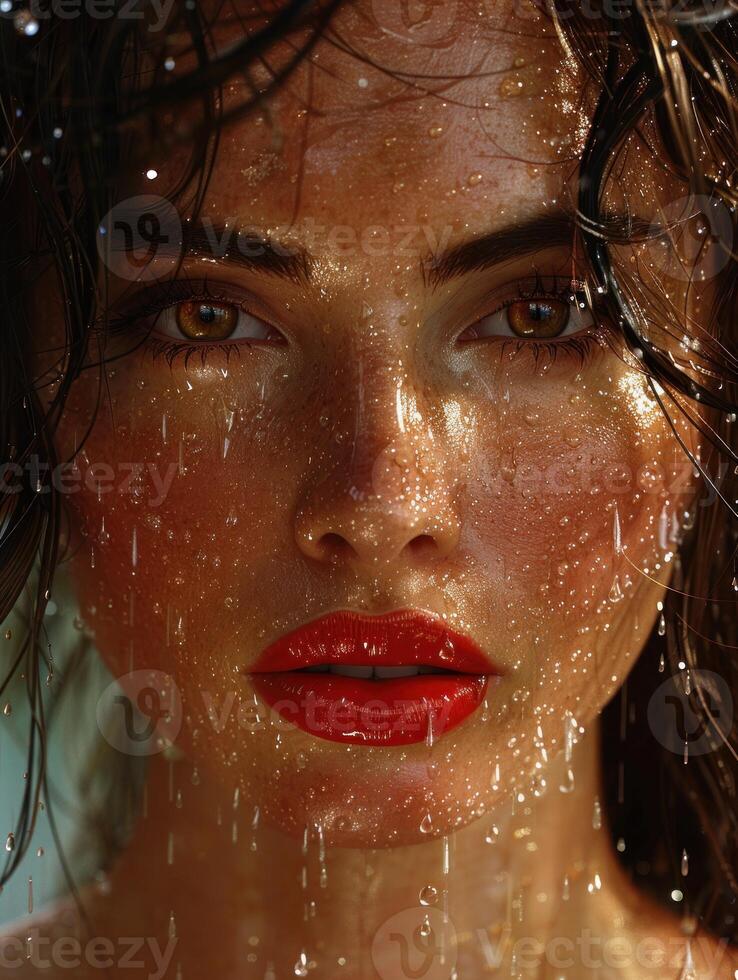 Close-up of womans face drenched in water, eyes intense photo