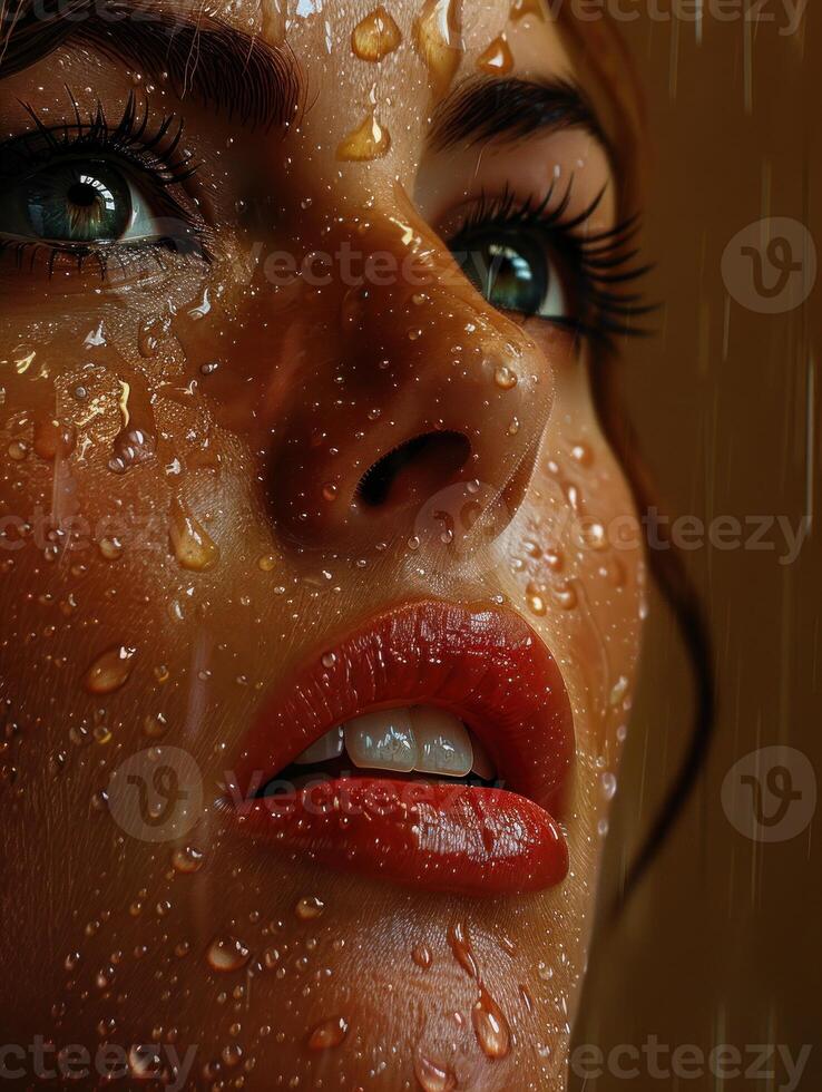 A close-up portrait of a womans face with raindrops photo