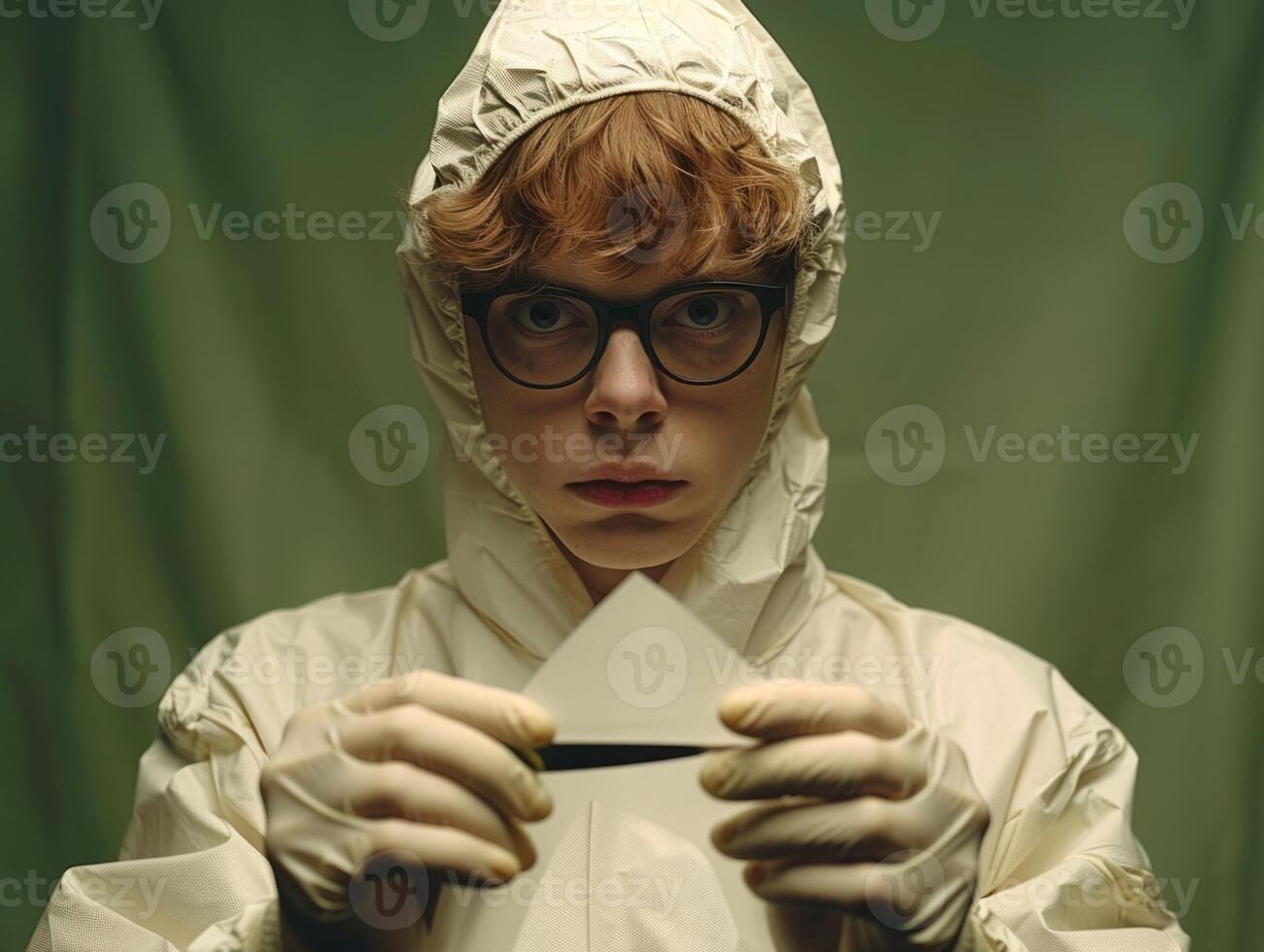 A young scientist in a sterile lab examines a sample with intense concentration photo